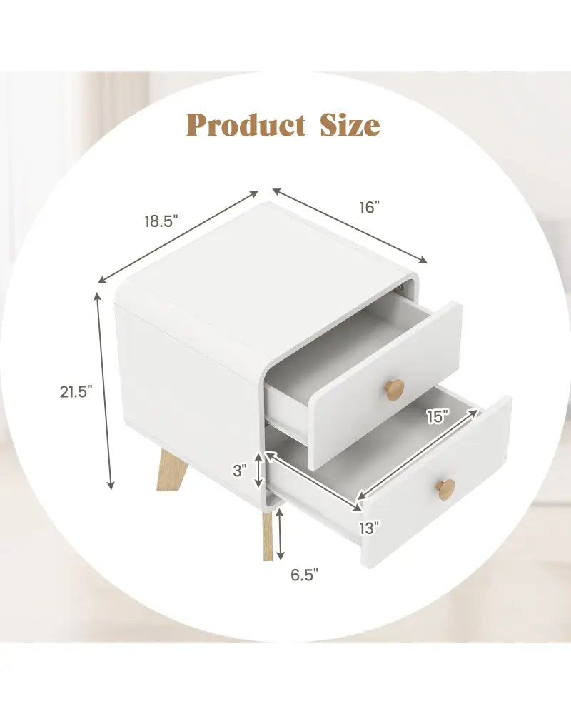 Nightstand with 2 Drawers Solid Rubber Wood Legs-White - White - Nightstands