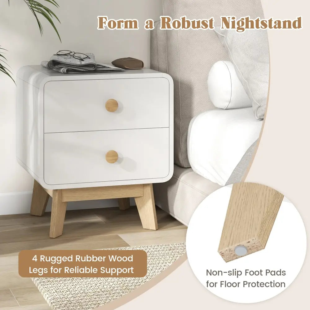 Nightstand with 2 Drawers Solid Rubber Wood Legs-White - White - Nightstands