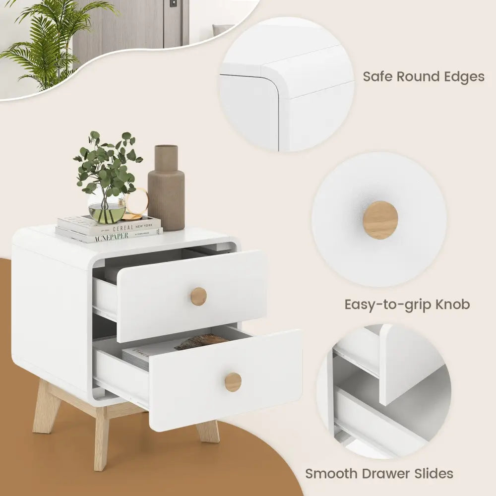 Nightstand with 2 Drawers Solid Rubber Wood Legs-White - White - Nightstands