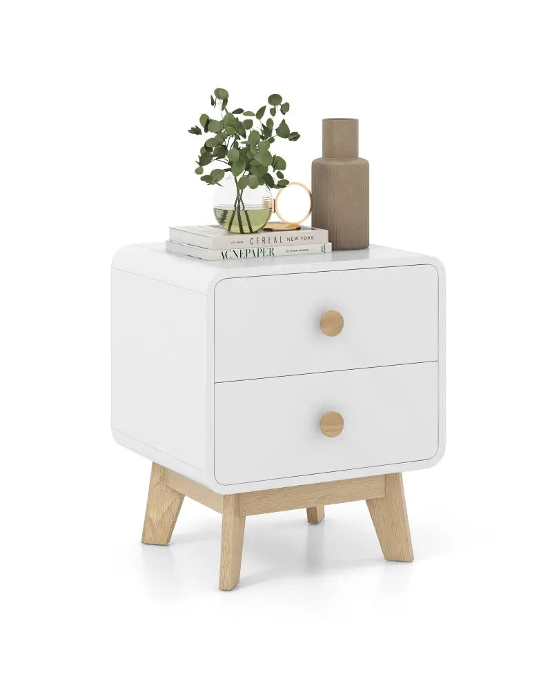 Nightstand with 2 Drawers Solid Rubber Wood Legs-White - White - Nightstands