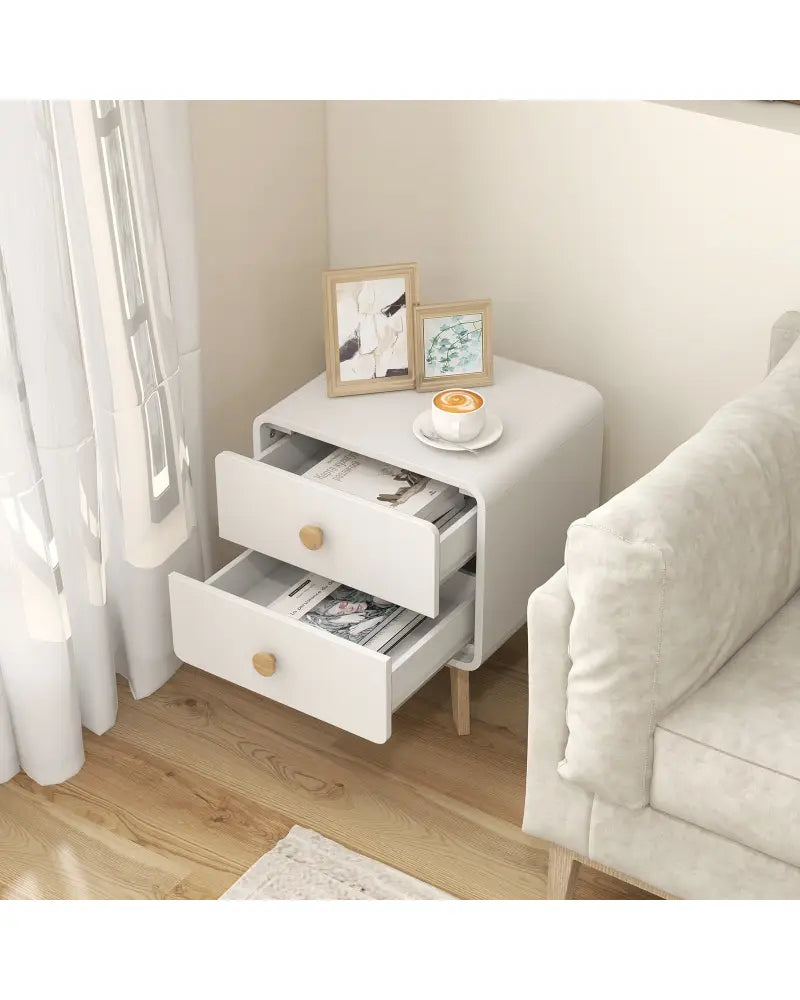 Nightstand with 2 Drawers Solid Rubber Wood Legs-White - White - Nightstands