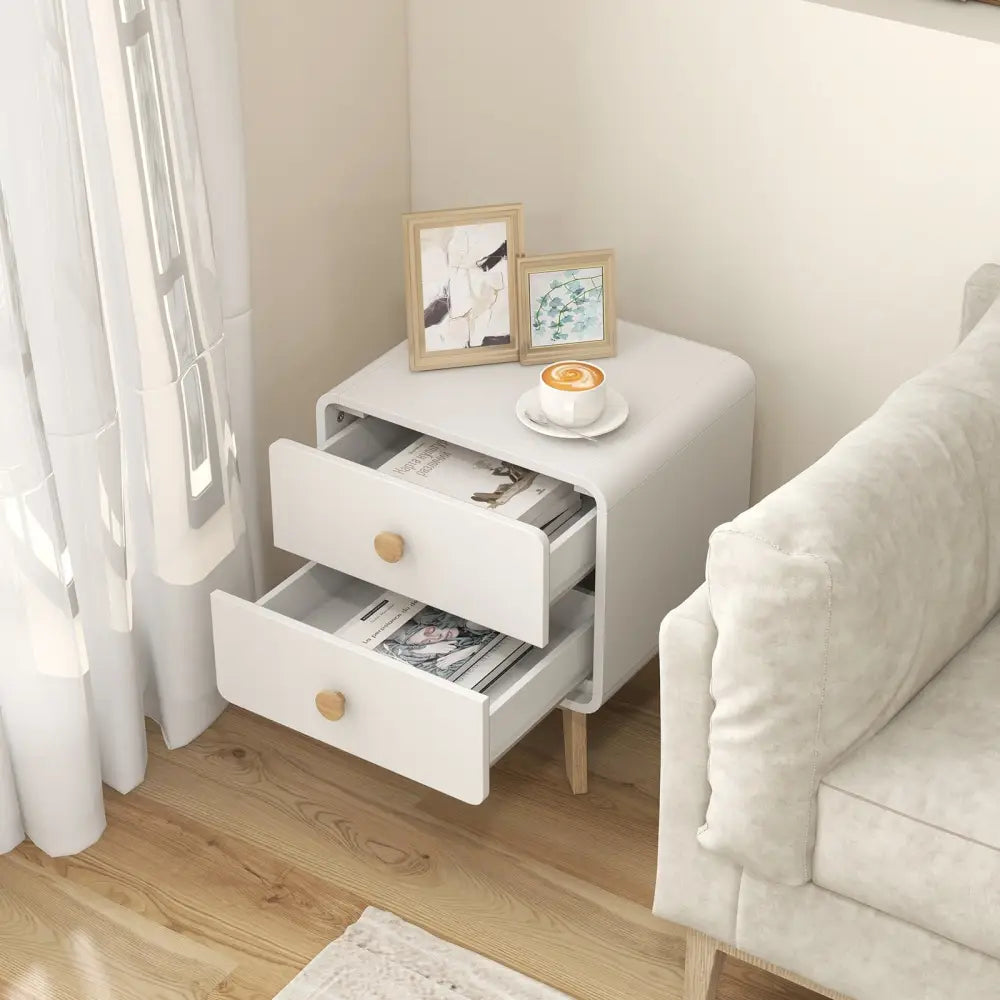 Nightstand with 2 Drawers Solid Rubber Wood Legs-White - White - Nightstands