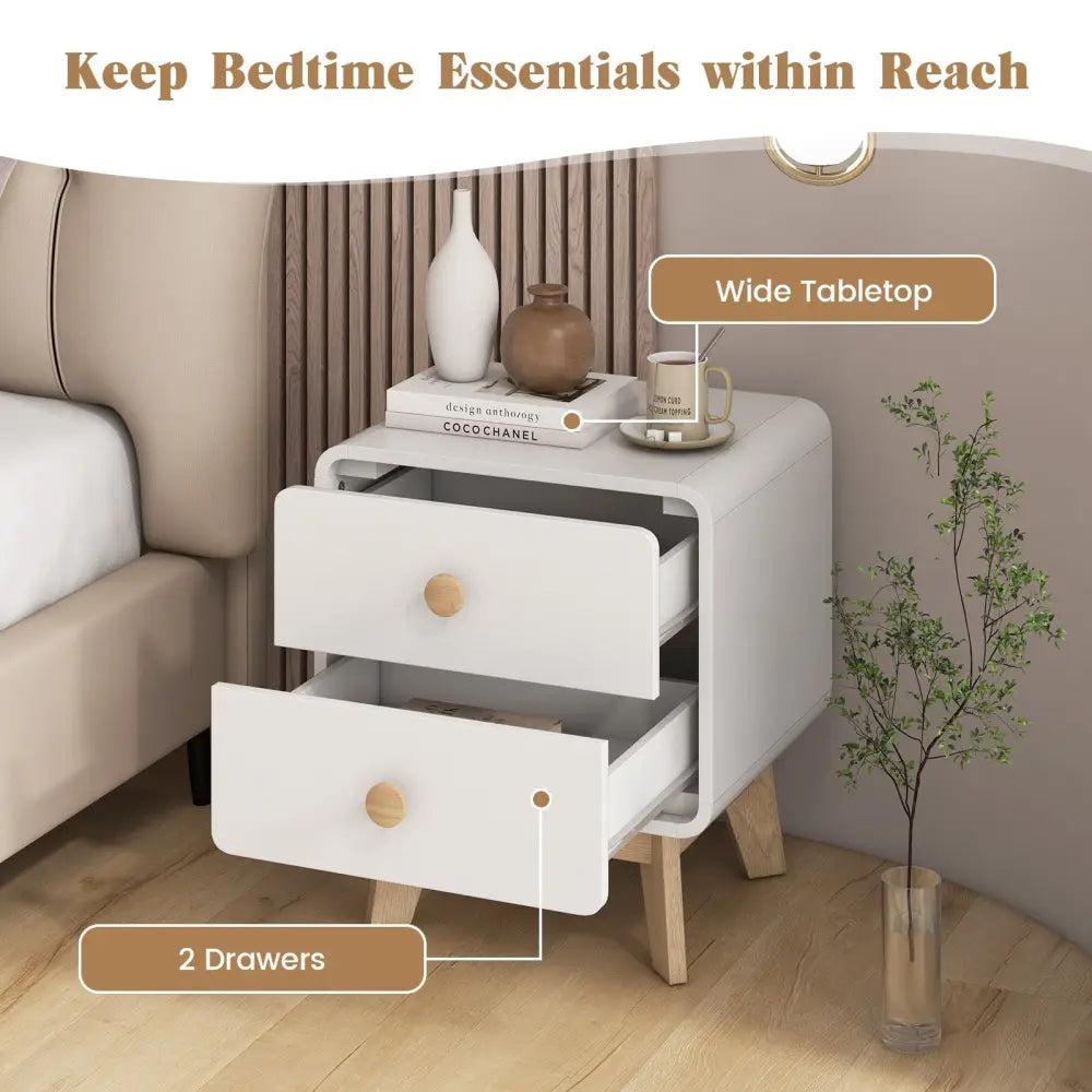 Nightstand with 2 Drawers Solid Rubber Wood Legs-White - White - Nightstands