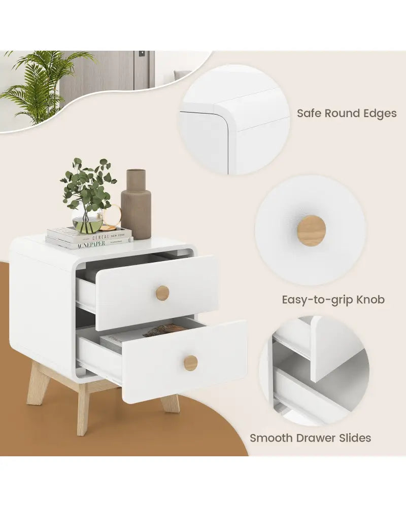 Nightstand with 2 Drawers Solid Rubber Wood Legs-White - White - Nightstands