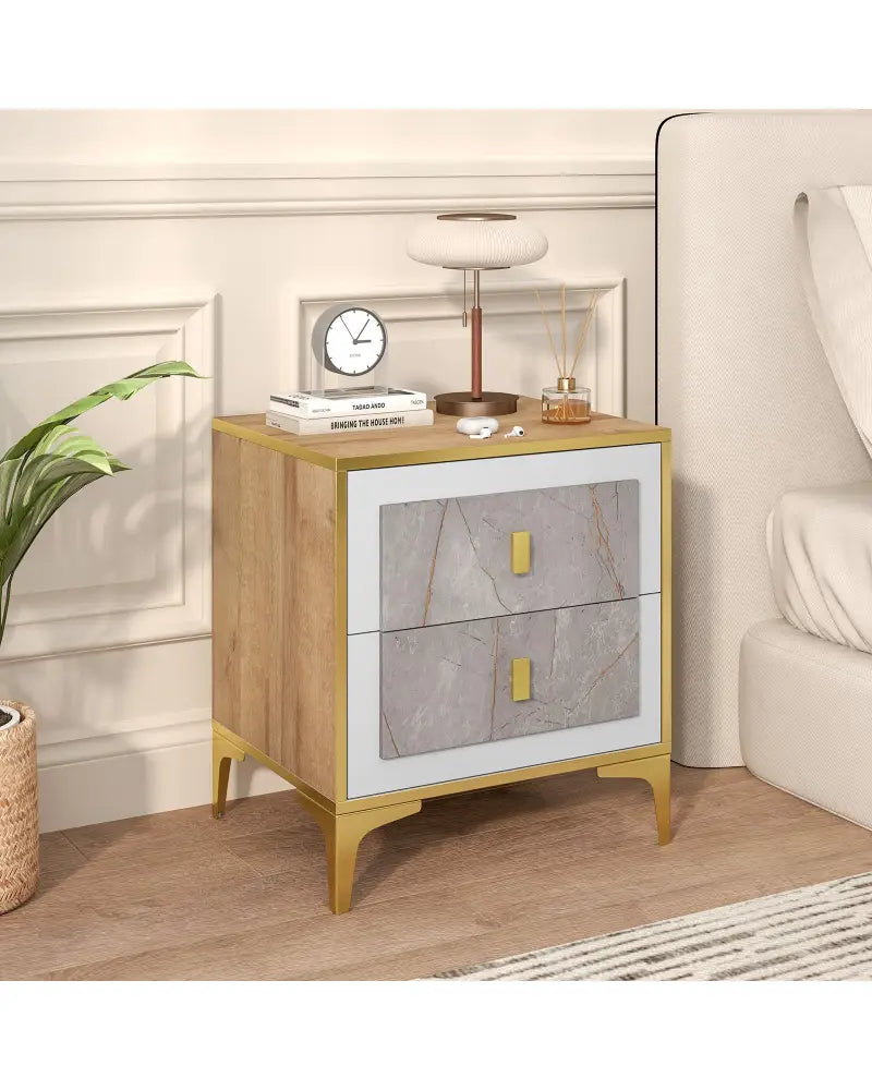 Nightstand with 2 Pull-out Drawers for Living Room Bedroom - Natural - Nightstands