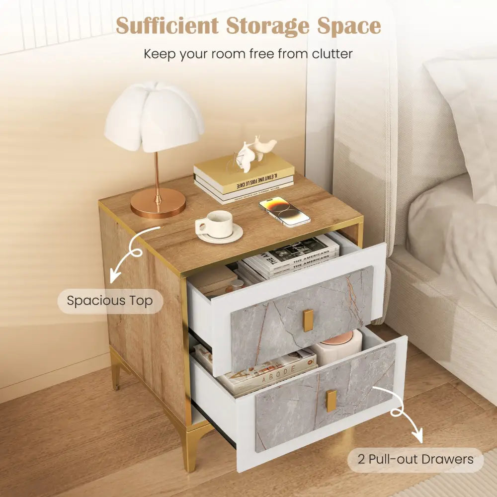 Nightstand with 2 Pull-out Drawers for Living Room Bedroom - Natural - Nightstands
