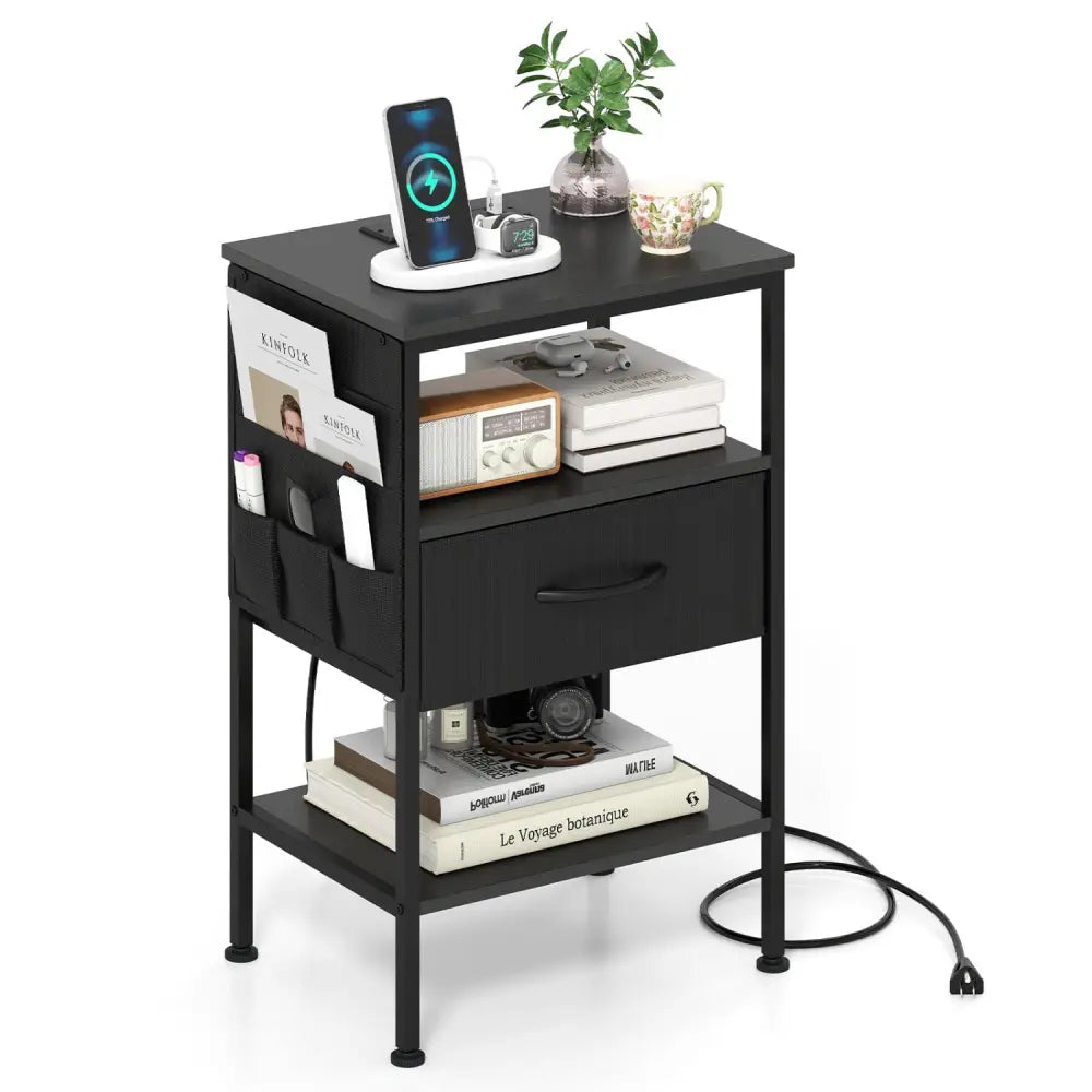 Nightstand with Charging Station 24.5 inch Modern Bedside Table with Fabric Drawer-Black - Black - Nightstands