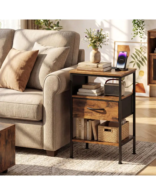 Nightstand with Charging Station 24.5 inch Modern Bedside Table with Fabric Drawer-Rustic Brown - Rustic Brown