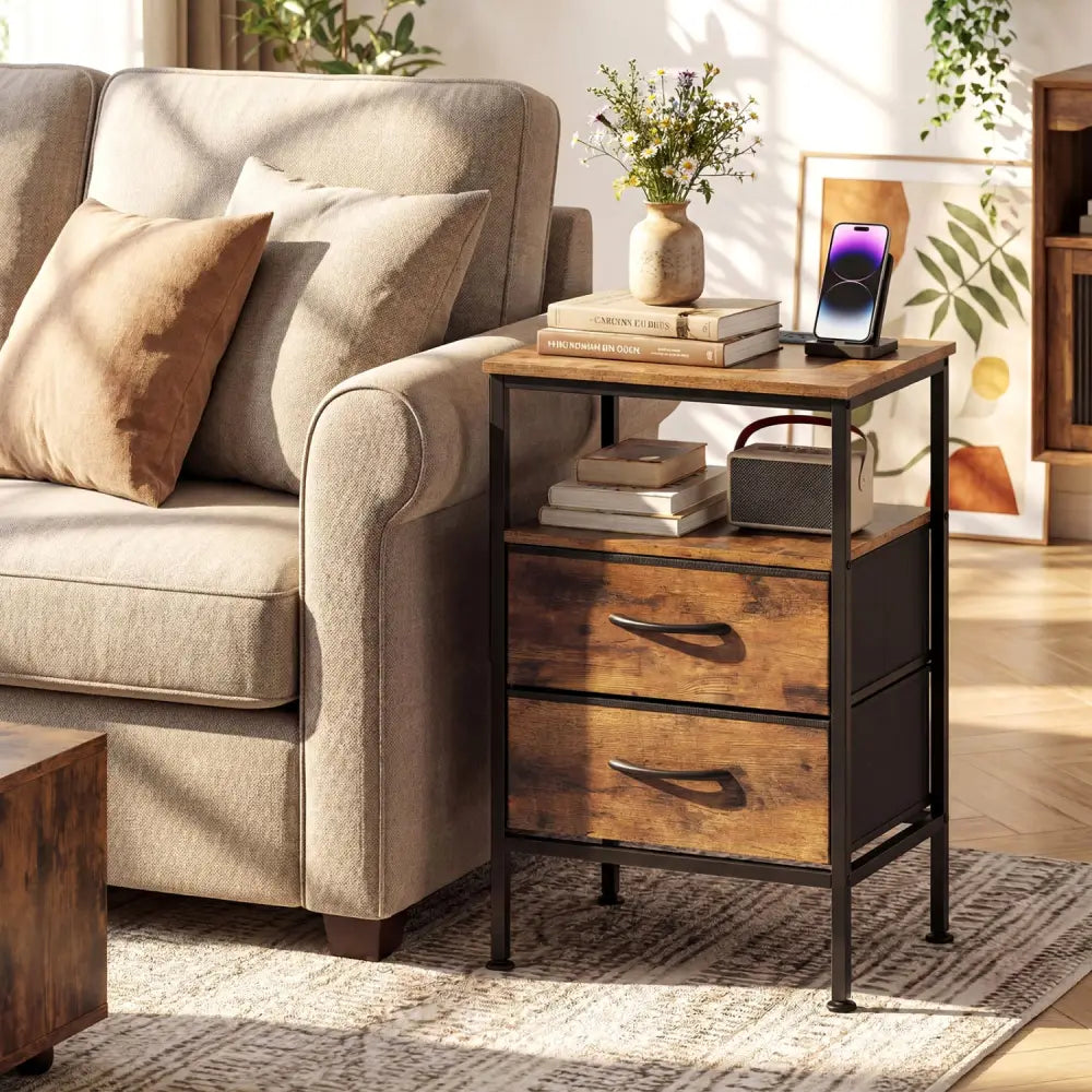 Nightstand with Charging Station 24.5 inch Modern Bedside Table with 2 Fabric Drawers-Rustic Brown - Rustic Brown