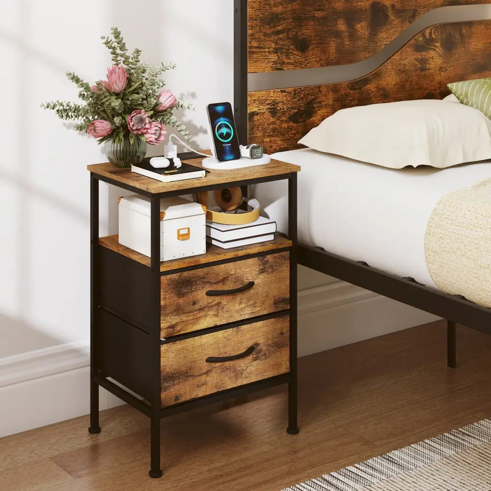 Nightstand with Charging Station 24.5 inch Modern Bedside Table with 2 Fabric Drawers-Rustic Brown - Rustic Brown
