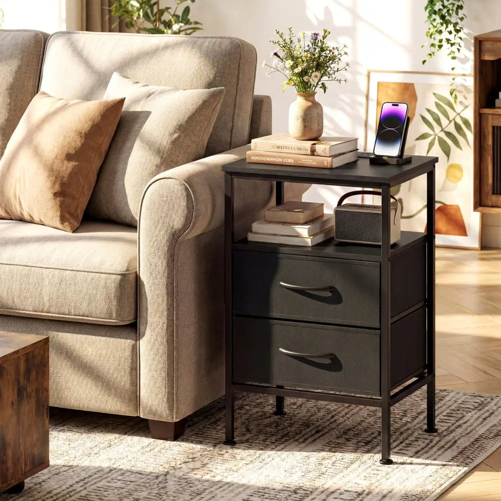 Nightstand with Charging Station 24.5 inch Modern Bedside Table with 2 Fabric Drawers-Black - Black - Nightstands