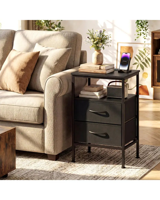 Nightstand with Charging Station 24.5 inch Modern Bedside Table with 2 Fabric Drawers-Black - Black - Nightstands