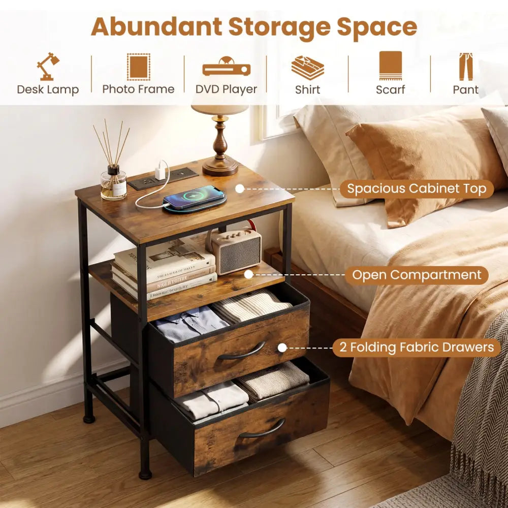 Nightstand with Charging Station 24.5 inch Modern Bedside Table with 2 Fabric Drawers-Rustic Brown - Rustic Brown