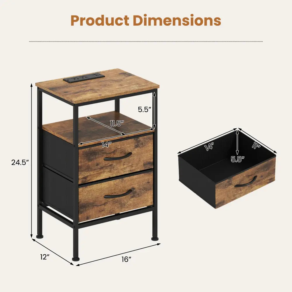 Nightstand with Charging Station 24.5 inch Modern Bedside Table with 2 Fabric Drawers-Rustic Brown - Rustic Brown