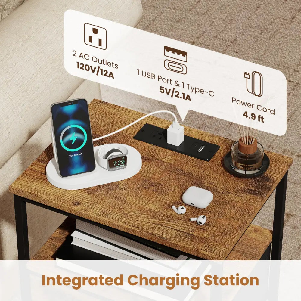 Nightstand with Charging Station 24.5 inch Modern Bedside Table with 2 Fabric Drawers-Rustic Brown - Rustic Brown
