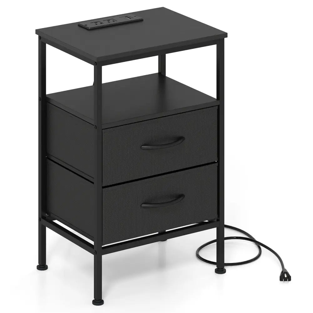 Nightstand with Charging Station 24.5 inch Modern Bedside Table with 2 Fabric Drawers-Black - Black - Nightstands