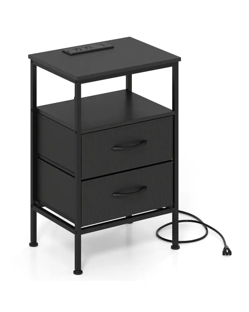 Nightstand with Charging Station 24.5 inch Modern Bedside Table with 2 Fabric Drawers-Black - Black - Nightstands