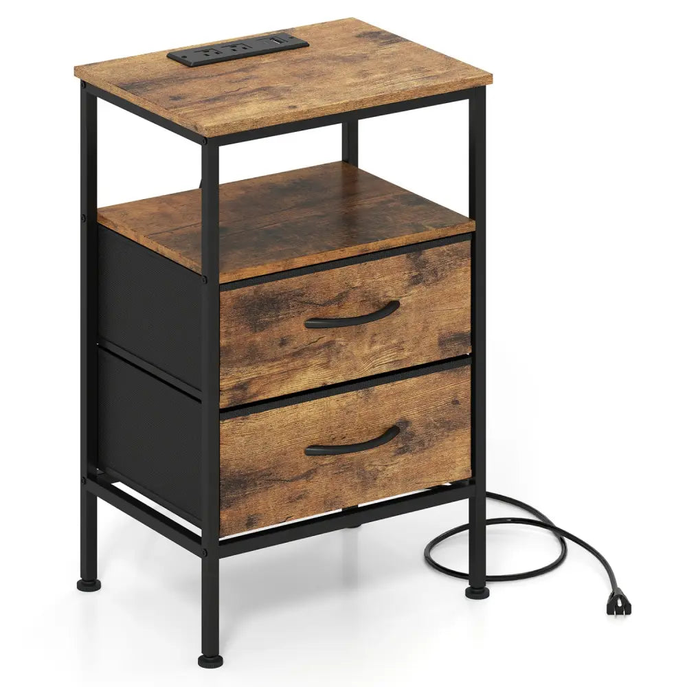 Nightstand with Charging Station 24.5 inch Modern Bedside Table with 2 Fabric Drawers-Rustic Brown - Rustic Brown
