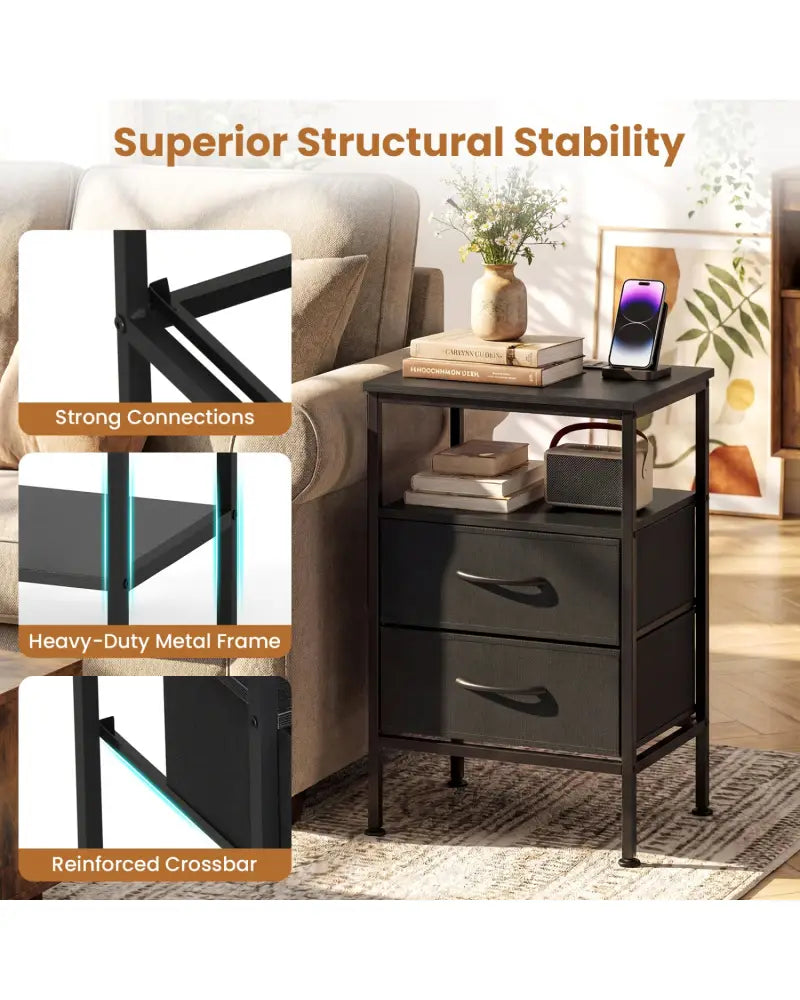 Nightstand with Charging Station 24.5 inch Modern Bedside Table with 2 Fabric Drawers-Black - Black - Nightstands