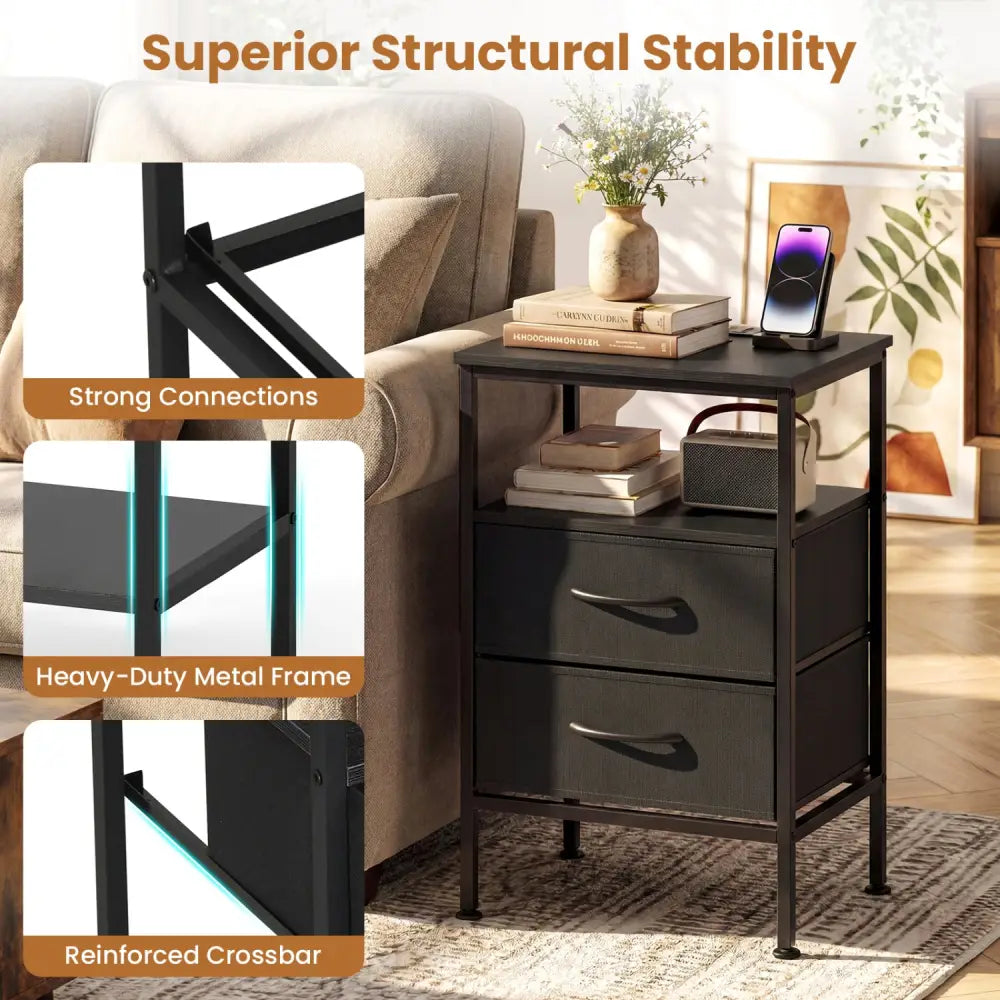 Nightstand with Charging Station 24.5 inch Modern Bedside Table with 2 Fabric Drawers-Black - Black - Nightstands