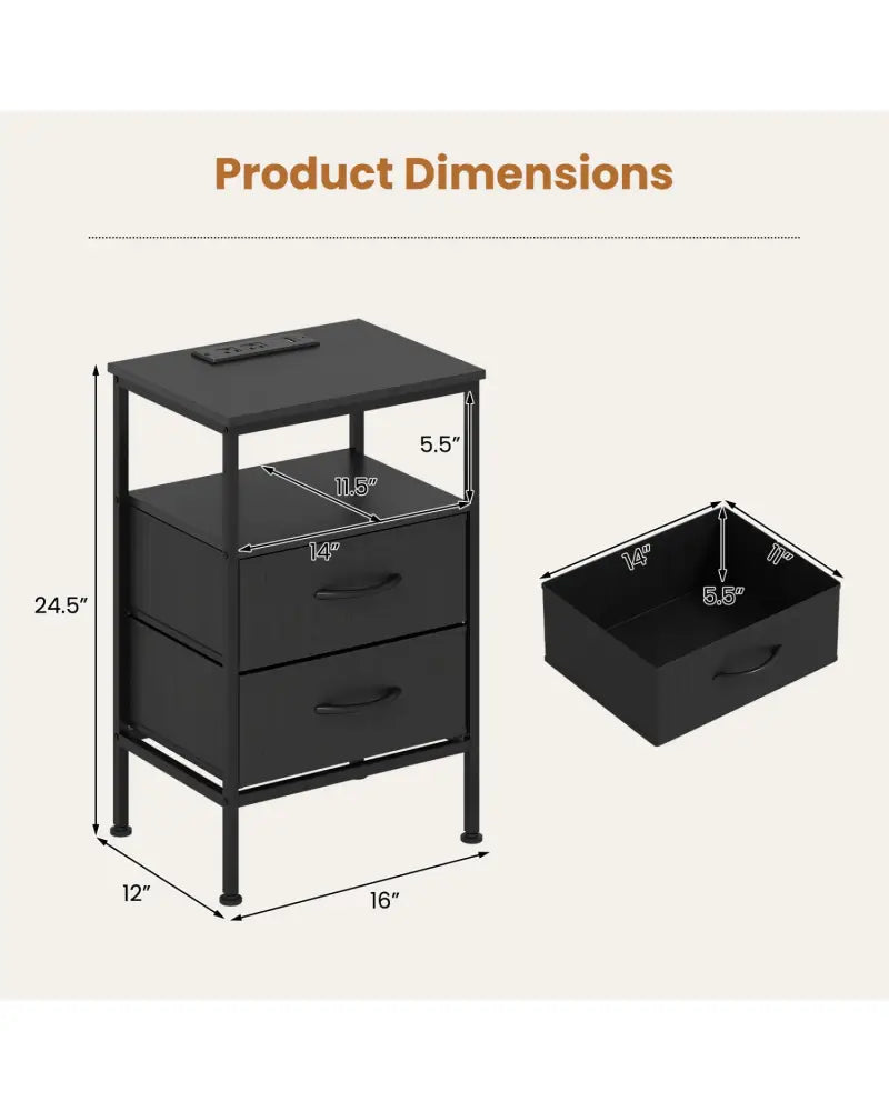 Nightstand with Charging Station 24.5 inch Modern Bedside Table with 2 Fabric Drawers-Black - Black - Nightstands