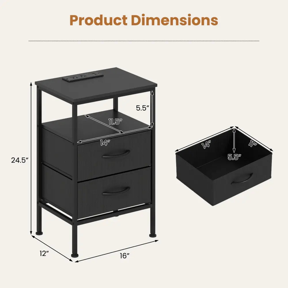Nightstand with Charging Station 24.5 inch Modern Bedside Table with 2 Fabric Drawers-Black - Black - Nightstands