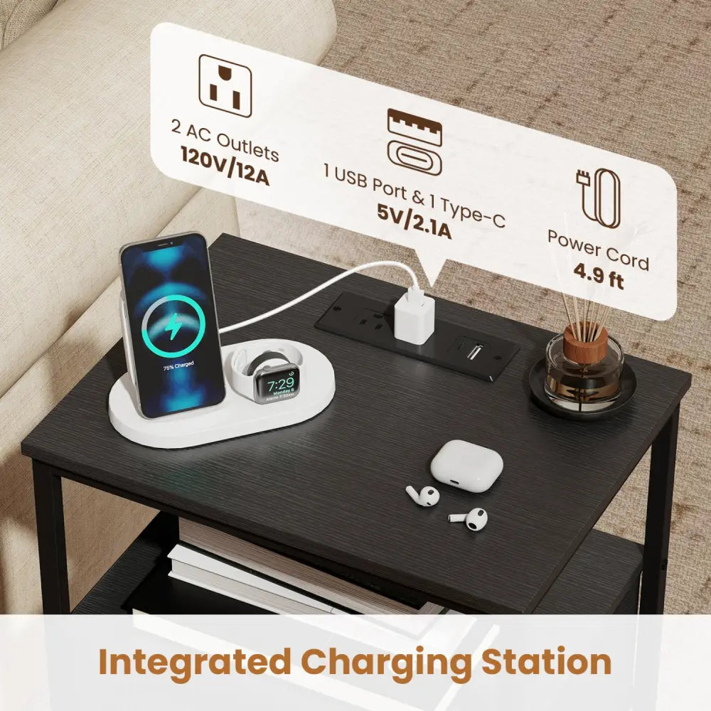 Nightstand with Charging Station 24.5 inch Modern Bedside Table with 2 Fabric Drawers-Black - Black - Nightstands
