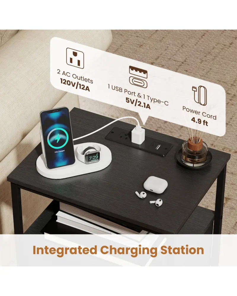 Nightstand with Charging Station 24.5 inch Modern Bedside Table with 2 Fabric Drawers-Black - Black - Nightstands