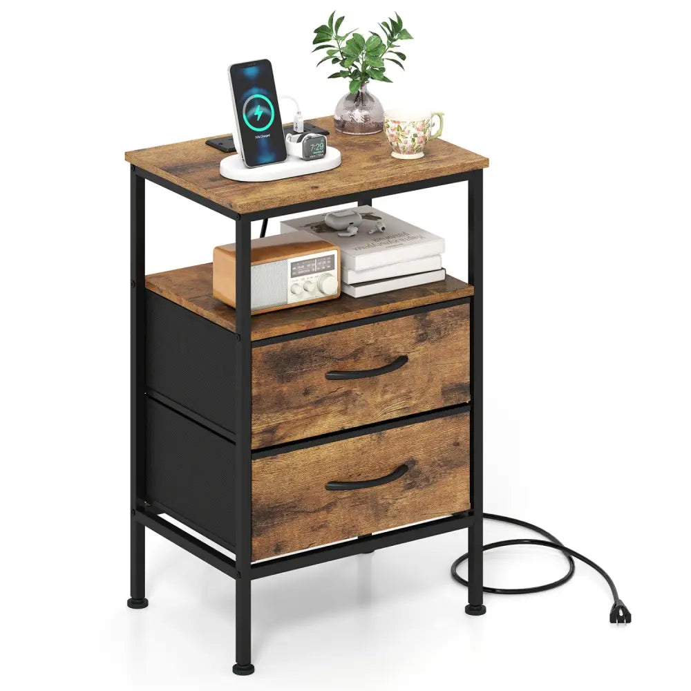 Nightstand with Charging Station 24.5 inch Modern Bedside Table with 2 Fabric Drawers-Rustic Brown - Rustic Brown
