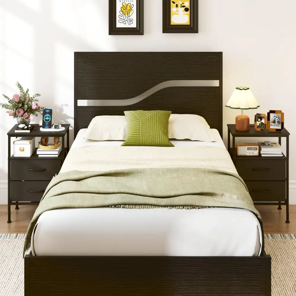 Nightstand with Charging Station 24.5 inch Modern Bedside Table with 2 Fabric Drawers-Black - Black - Nightstands