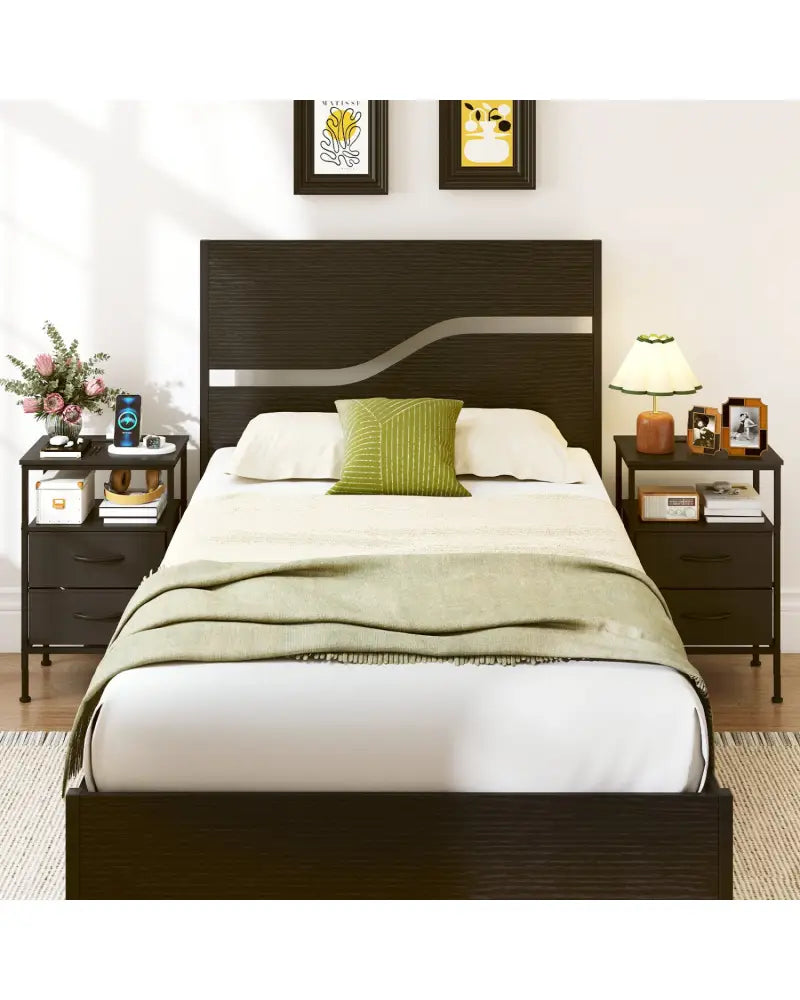 Nightstand with Charging Station 24.5 inch Modern Bedside Table with 2 Fabric Drawers-Black - Black - Nightstands