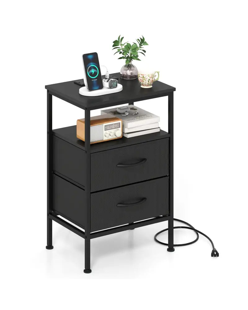 Nightstand with Charging Station 24.5 inch Modern Bedside Table with 2 Fabric Drawers-Black - Black - Nightstands