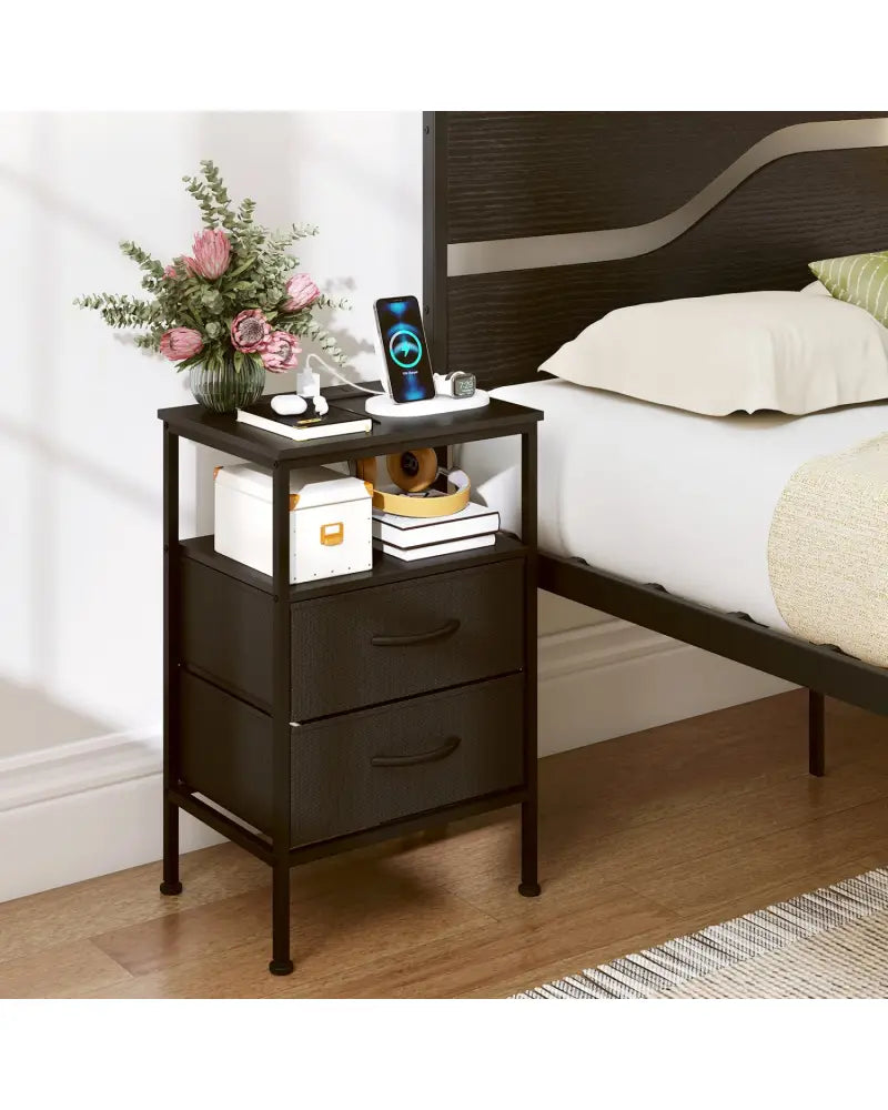 Nightstand with Charging Station 24.5 inch Modern Bedside Table with 2 Fabric Drawers-Black - Black - Nightstands