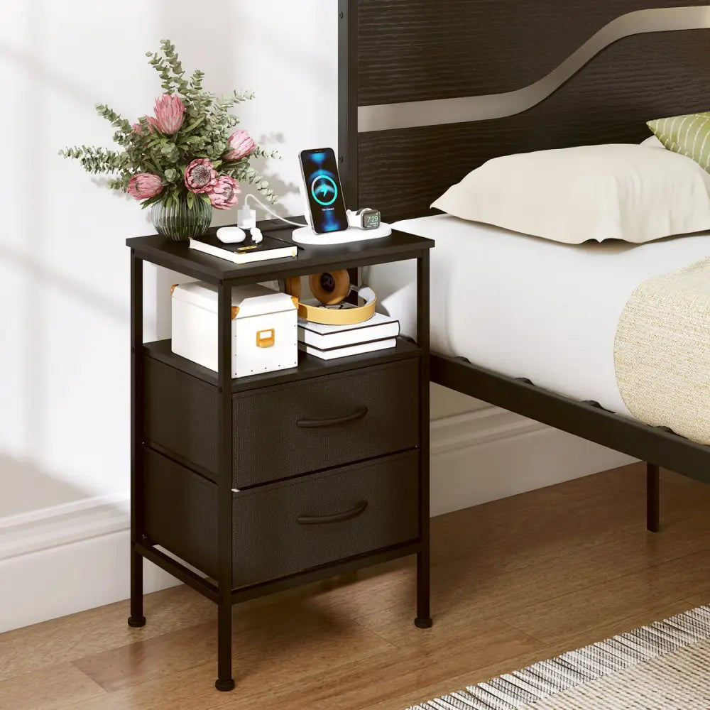 Nightstand with Charging Station 24.5 inch Modern Bedside Table with 2 Fabric Drawers-Black - Black - Nightstands