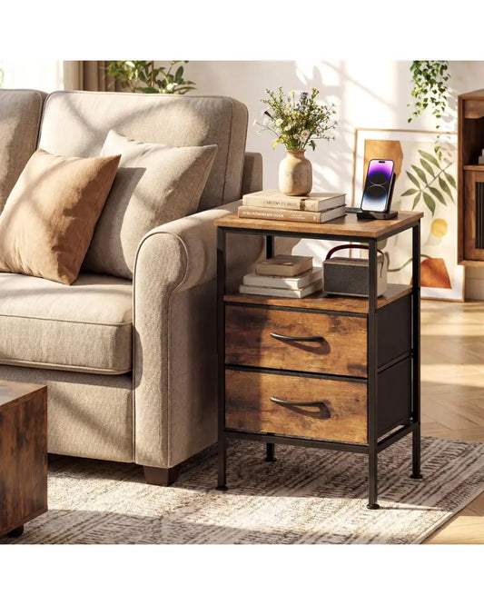 Nightstand with Charging Station 24.5 inch Modern Bedside Table with 2 Fabric Drawers-Rustic Brown - Rustic Brown