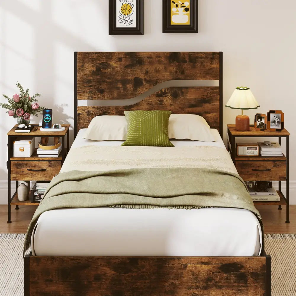 Nightstand with Charging Station 24.5 inch Modern Bedside Table with Fabric Drawer-Rustic Brown - Rustic Brown