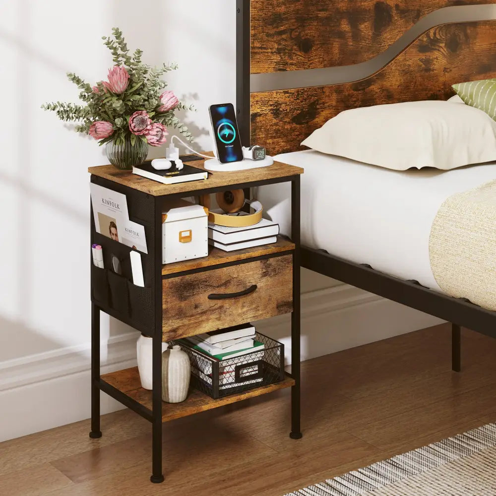 Nightstand with Charging Station 24.5 inch Modern Bedside Table with Fabric Drawer-Rustic Brown - Rustic Brown