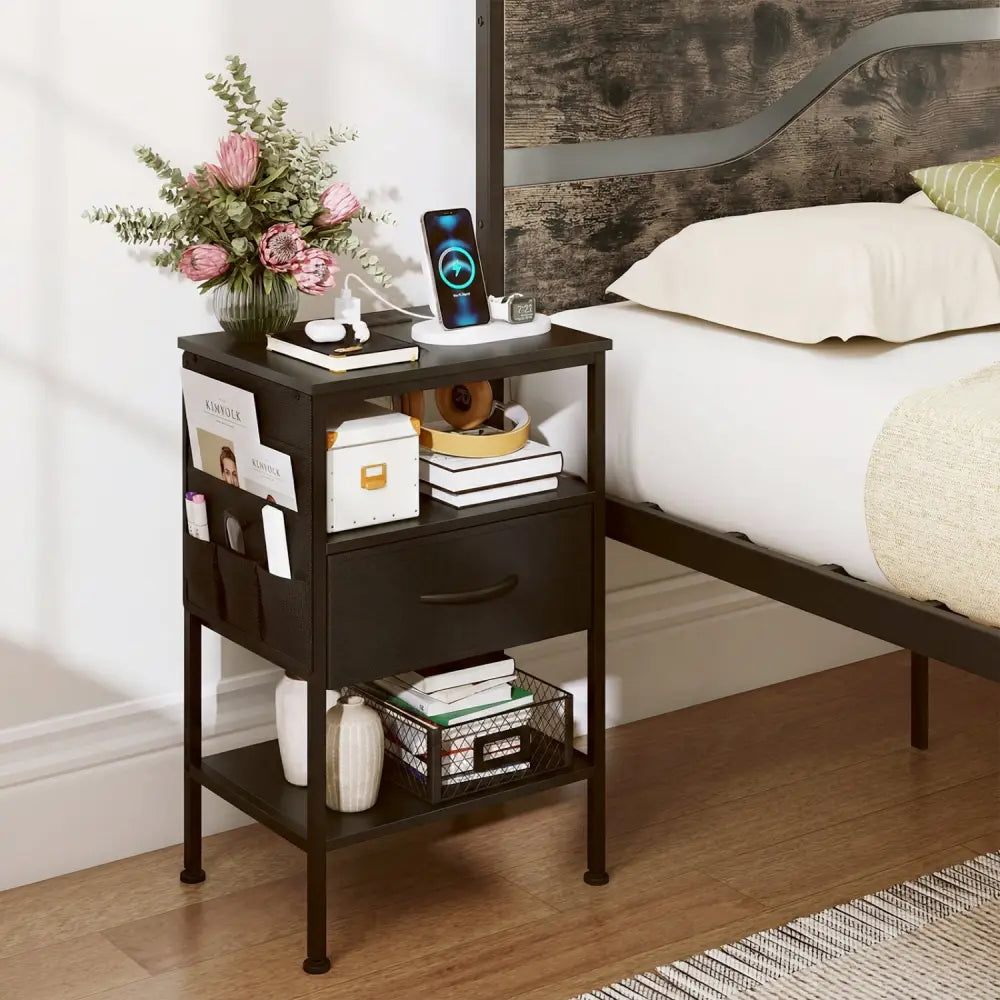 Nightstand with Charging Station 24.5 inch Modern Bedside Table with Fabric Drawer-Black - Black - Nightstands