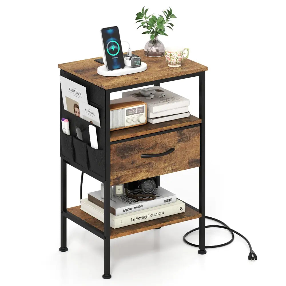 Nightstand with Charging Station 24.5 inch Modern Bedside Table with Fabric Drawer-Rustic Brown - Rustic Brown