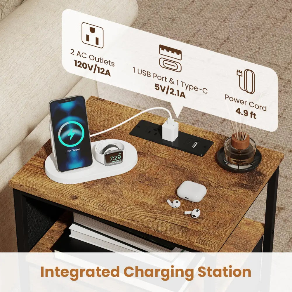 Nightstand with Charging Station 24.5 inch Modern Bedside Table with Fabric Drawer-Rustic Brown - Rustic Brown