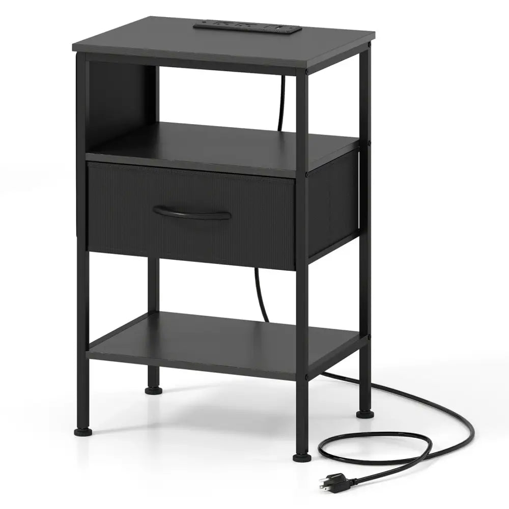Nightstand with Charging Station 24.5 inch Modern Bedside Table with Fabric Drawer-Black - Black - Nightstands