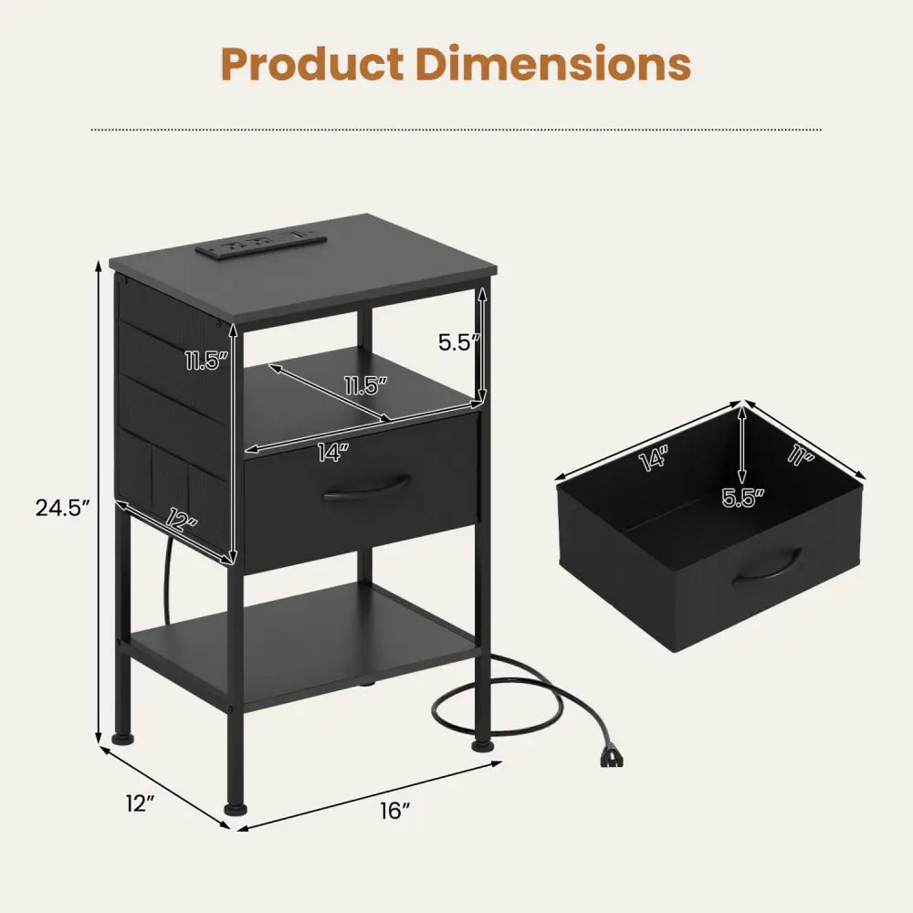 Nightstand with Charging Station 24.5 inch Modern Bedside Table with Fabric Drawer-Black - Black - Nightstands