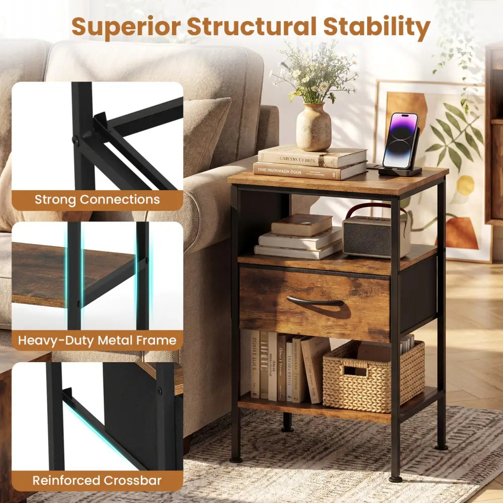 Nightstand with Charging Station 24.5 inch Modern Bedside Table with Fabric Drawer-Rustic Brown - Rustic Brown