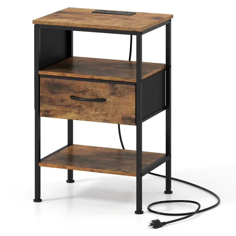 Nightstand with Charging Station 24.5 inch Modern Bedside Table with Fabric Drawer-Rustic Brown - Rustic Brown