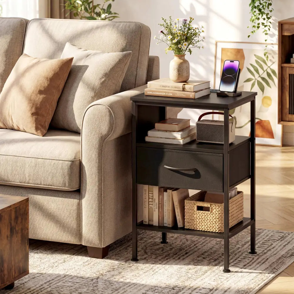 Nightstand with Charging Station 24.5 inch Modern Bedside Table with Fabric Drawer-Black - Black - Nightstands