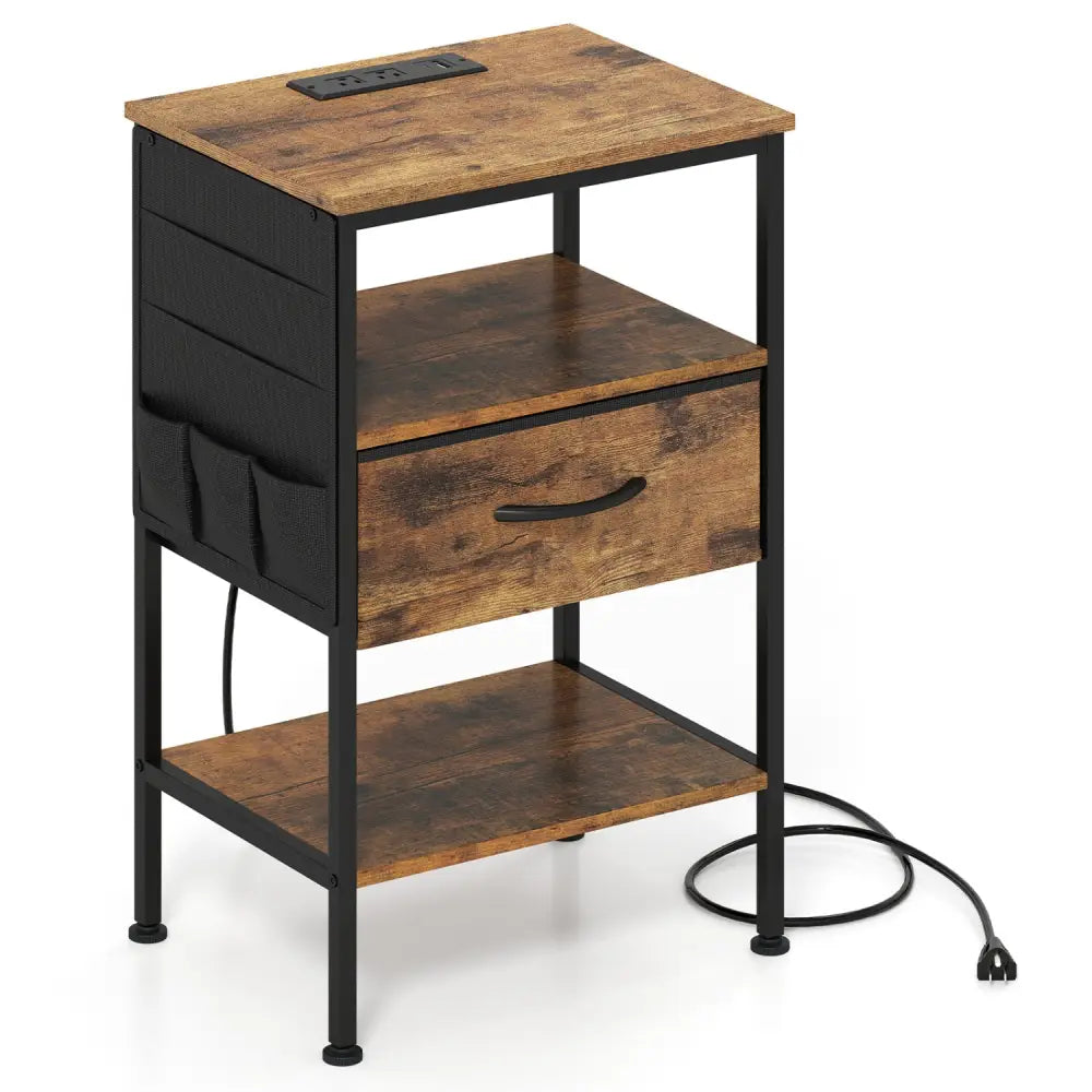 Nightstand with Charging Station 24.5 inch Modern Bedside Table with Fabric Drawer-Rustic Brown - Rustic Brown