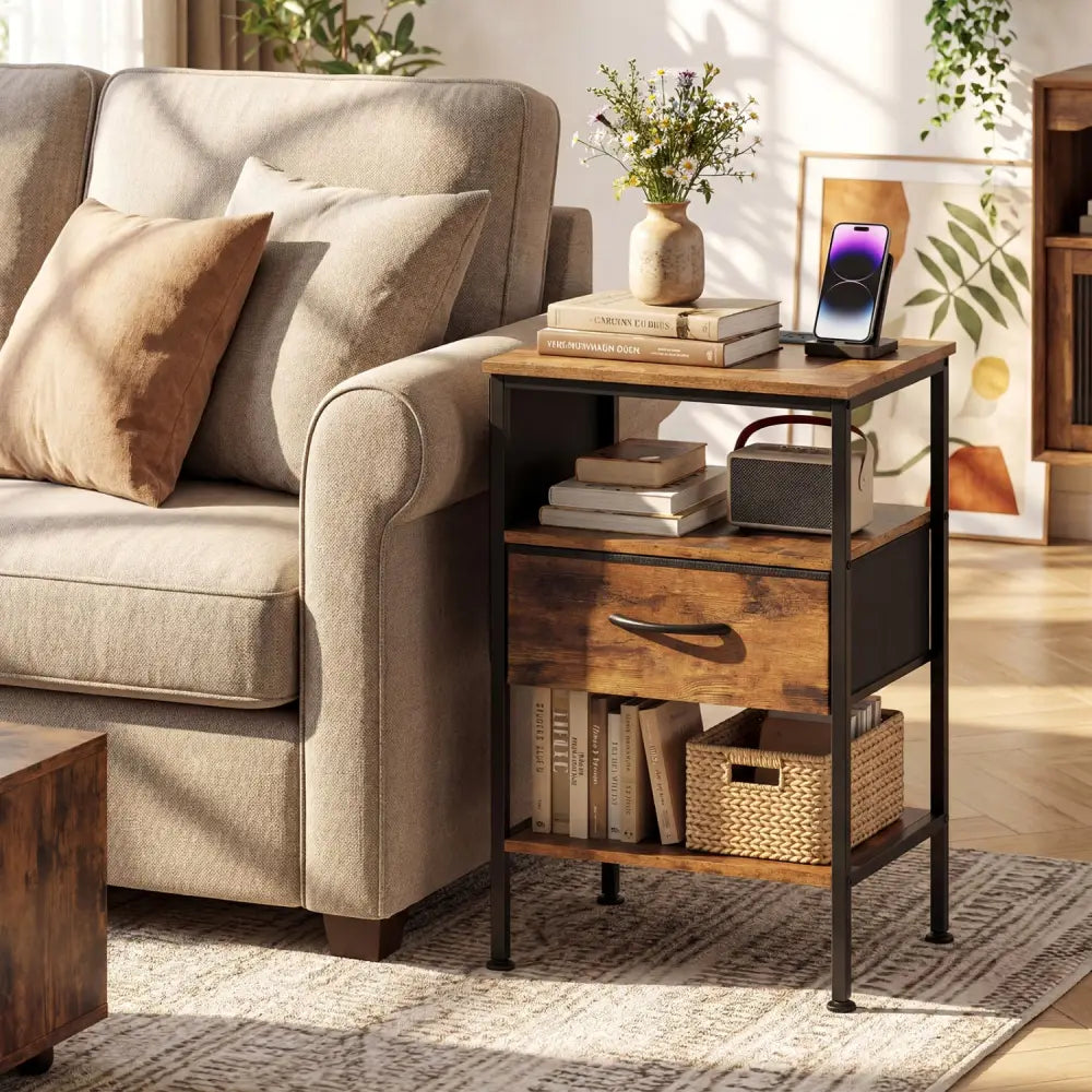 Nightstand with Charging Station 24.5 inch Modern Bedside Table with Fabric Drawer-Rustic Brown - Rustic Brown