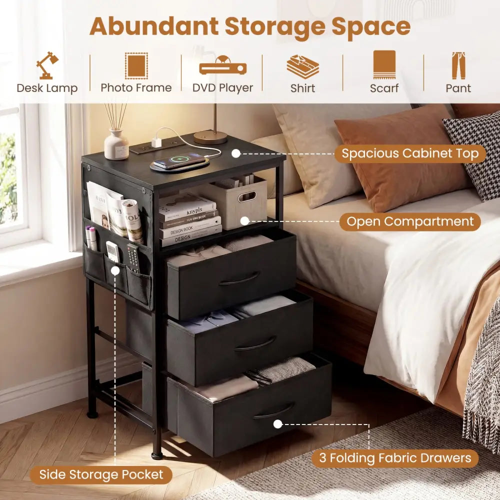 Nightstand with Charging Station 27.5 inch Modern Bedside Table with 3 Fabric Drawers-Black - Black - Nightstands