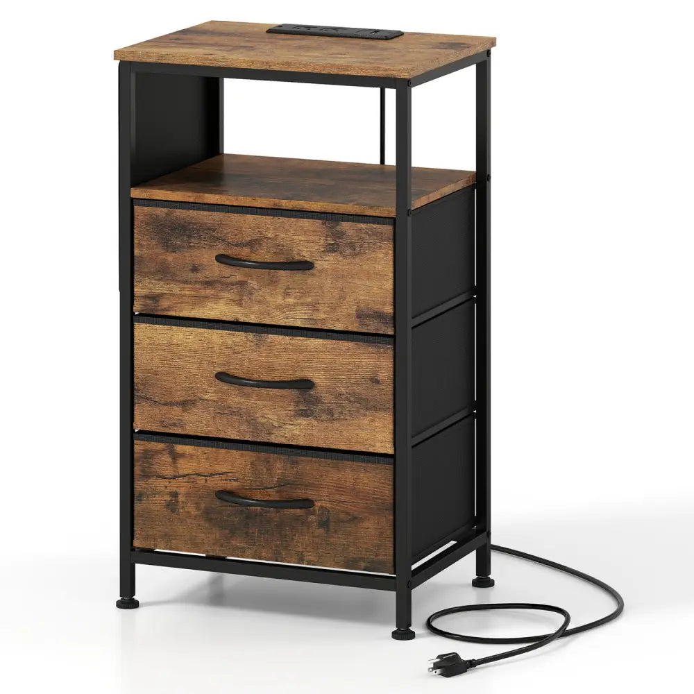 Nightstand with Charging Station 27.5 inch Modern Bedside Table with 3 Fabric Drawers-Rustic Brown - Rustic Brown