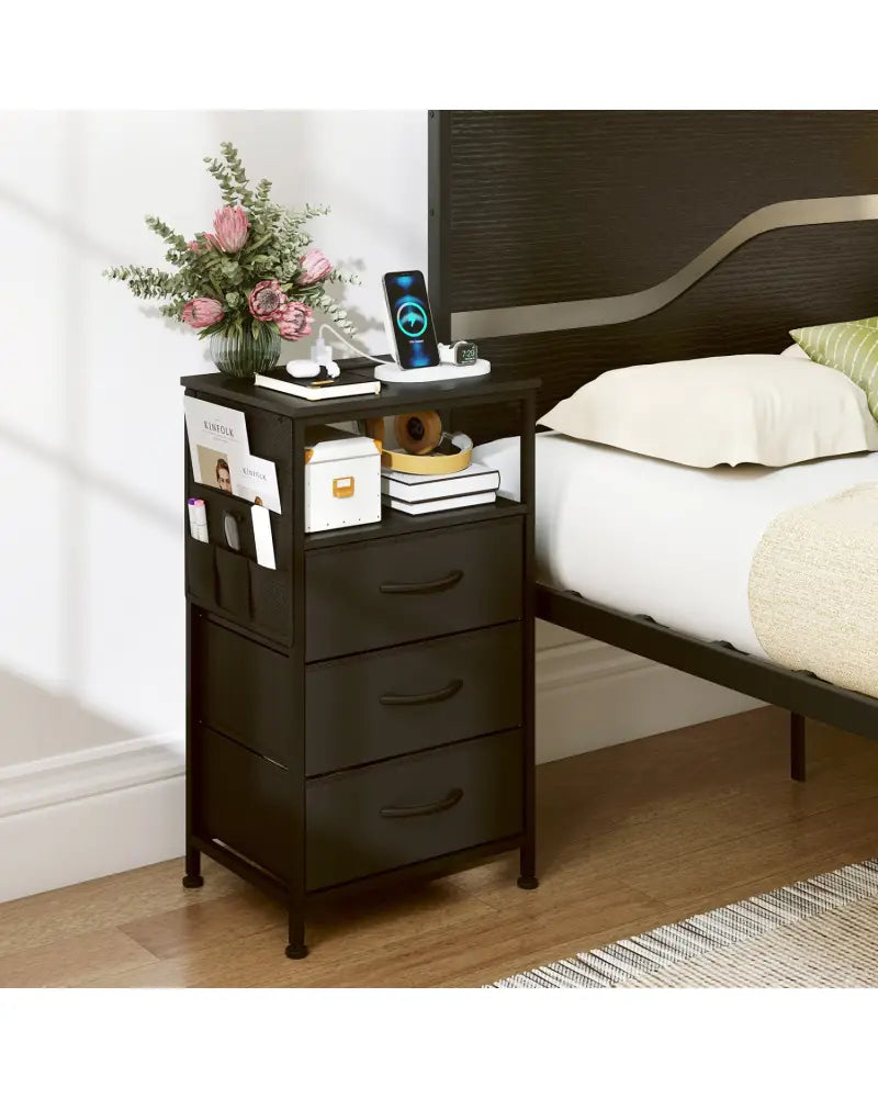 Nightstand with Charging Station 27.5 inch Modern Bedside Table with 3 Fabric Drawers-Black - Black - Nightstands